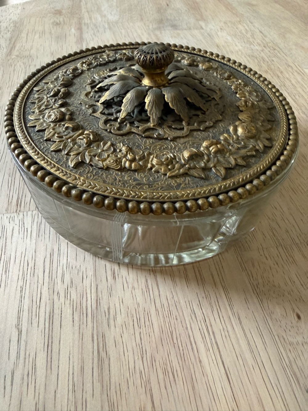 Vintage divided glass dish with brass top perfect for Jewelry/ Candy /Gold jar